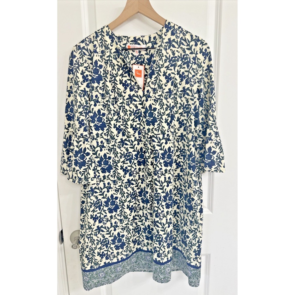 JUDE CONNALLY Sze XS Kerry Floral Border Cream Navy Bell Slve Dress Cottage Core